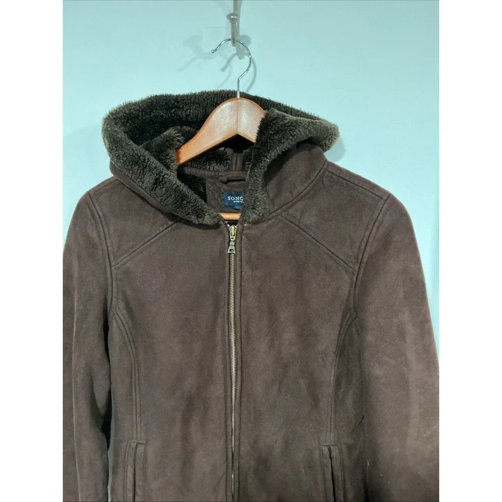 Faux Suede And Shearling Lined coat women Small, Dark Brown, Hooded, Classic - Picture 4 of 11